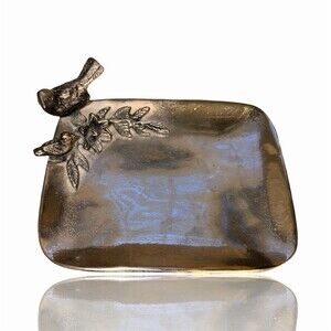 Decorative Silver Tone Rectangular Tray Raised Bird & Floral Corner Accent